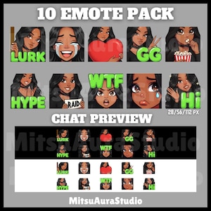 Puede incluir: Un paquete de arte digital con 10 emotes que muestran a una mujer de pelo negro en varias expresiones. Los emotes incluyen "LURK", "WTF", "HYPE" y "Hi". Una vista previa del chat está en la parte inferior. El texto "10 EMOTE PACK" está en la parte superior.