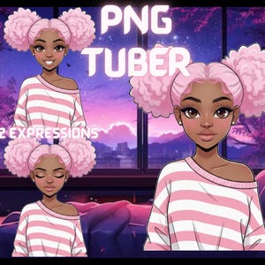 Könnte beinhalten: Digitale Illustration eines PNG-Tuber-Charakters mit rosa Haaren in zwei Ausdrücken. Die Figur trägt ein rosa-weiß gestreiftes schulterfreies Oberteil. Der Hintergrund zeigt eine lila-rosa Sonnenuntergangsszene.