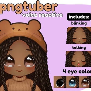 Puede incluir: Avatar PNGTuber digital con un gorro y un suéter de oso marrón. El avatar tiene ojos grandes y expresivos y cabello largo y trenzado. La imagen incluye ejemplos de animaciones de parpadeo y habla, además de cuatro opciones de color de ojos.
