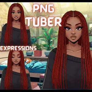 Puede incluir: Ilustración digital de un personaje PNG Tuber con largo cabello trenzado rojo y un top negro con hombros descubiertos. La imagen muestra al personaje con dos expresiones faciales diferentes. El texto en la imagen dice "PNG Tuber" y "2 Expressions".