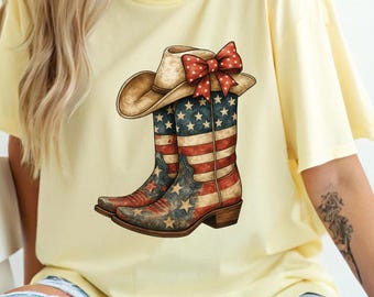 USA Cowboy Boots Shirt, Comfort Colors Patriotic Cowgirl Tee, Western 4th of July Shirt, American Flag Country T-Shirt for Women