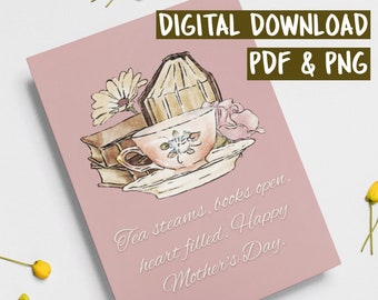 Cartão imprimível do dia das mães | Para a mãe amante do chá, cartão de citações do dia das mães, cartão de felicitações para download para o dia das mães, cartão de poema da mãe digital
