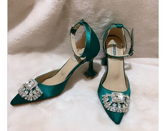 GLİTTER GREEN HEELS, Emerald Green Satin Bridesmaids Shoes, Ankle Straps Bridal Shoes, Low Heels Green Wedding Shoes, Emerald Green Heels