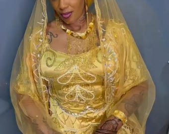 Gold Satin Dashikis, Kanga Gomesi, Kanzu, Bridal Dirac, Somali Cultural Diraac, Modest African Bride Dress, Nigerian George, Yoruba outfits