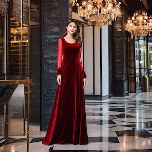 Burgundy christmas dress Clothing Manufacturers Autumn Winter Waisted Gold Velvet V Neck Women&#39;s Party Wear Long Formal Dresses Gown