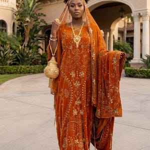 Peut inclure: Une robe en velours orange avec broderies dorées et un châle assorti. La robe présente des motifs floraux complexes et est accessoirisée de bijoux dorés, dont un collier, des boucles d'oreilles et un serre-tête. Un sac à main doré est tenu à la main.