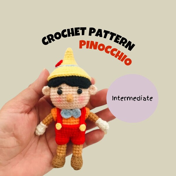 Inspiré de Pinocchio au crochet, motif amigurumi garçon long nez, dessin animé homme bébé poupée peluche cadeau jolie poupée faite main conte de fées