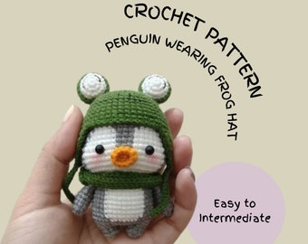 Penguin Wearing Frog Hat Crochet Pattern, Penguin with Scarf Pattern, Kawaii Penguin Amigurumi Pattern, Frog Hat and Green Scarf, PDF File