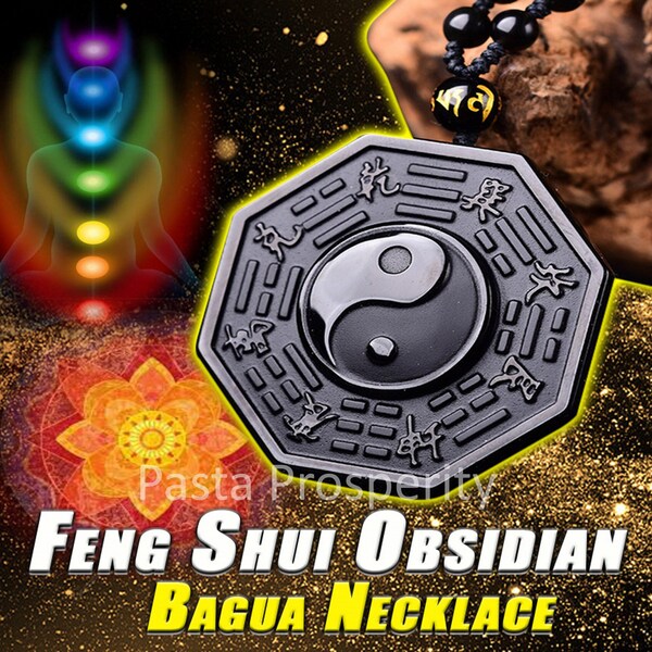 Feng Shui Obsidian Bagua Necklace for Good Fortune and Protection