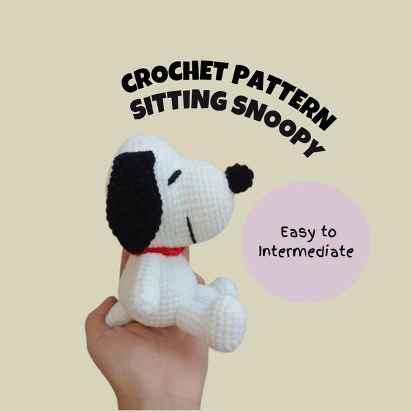 Sitting Snoopy Inspired Crochet Pattern Simple White Dog Amigurumi Pattern Stuffed Animal Cartoon Animated Comic Peanuts Toy Plush Doll