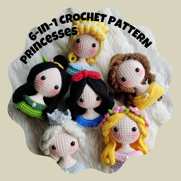 Belle princesse 6-en-1 Bundle motif au crochet Mini fille poupée personnage de dessin animé inspiré Amigurumi basse couture broche porte-clés bandeau déco