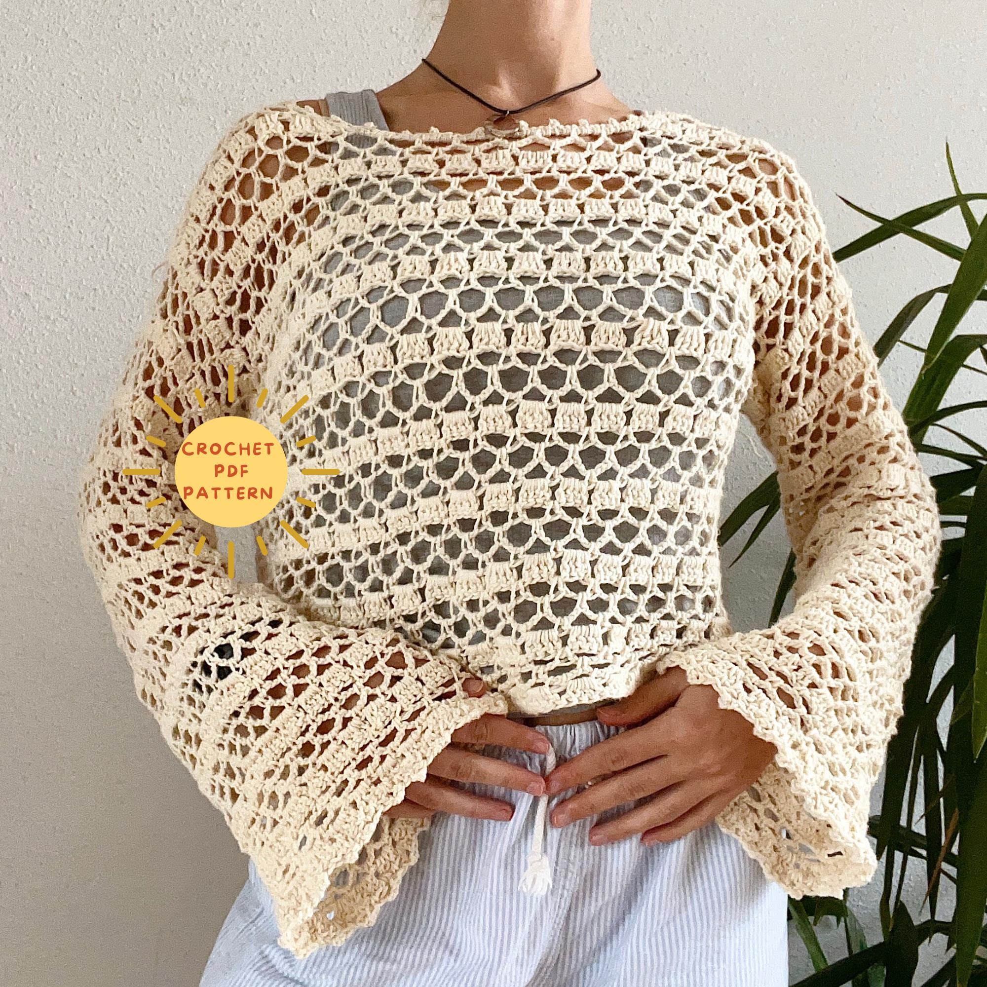 Maglia da donna all'uncinetto a maniche corte, girocollo