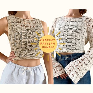Op de afbeelding: Twee gehaakte tops, een zonder mouwen en een met lange mouwen, beide met een wit gehaakt ontwerp. De tekst "CROCHET PATTERN BUNDLE" staat in een gele cirkel.