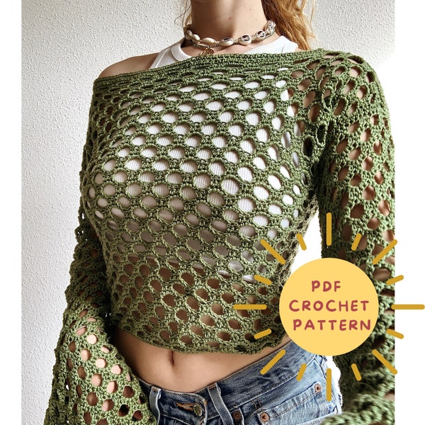 Crochet top pattern/Mesh crochet sweater pattern/shrug y2k/Lace trendy women/Beach coverup tee/ crochet pullover/ easy beginner pattern/