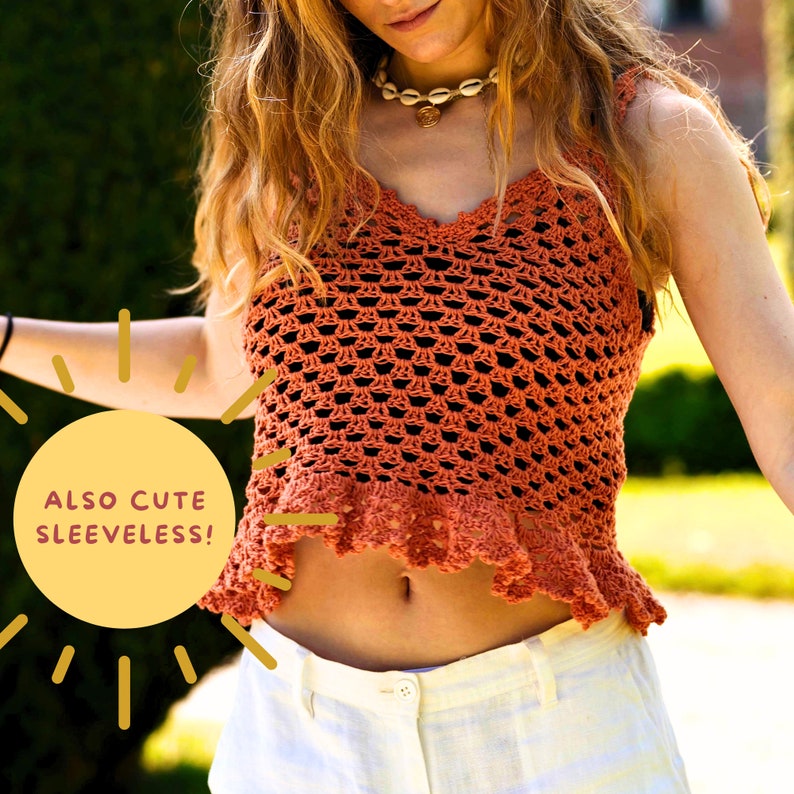 May include: A close-up of a woman wearing a crocheted orange top with a scalloped hem. The top is sleeveless and has a delicate, open-weave pattern. The text "ALSO CUTE SLEEVELESS!" is superimposed on the image.