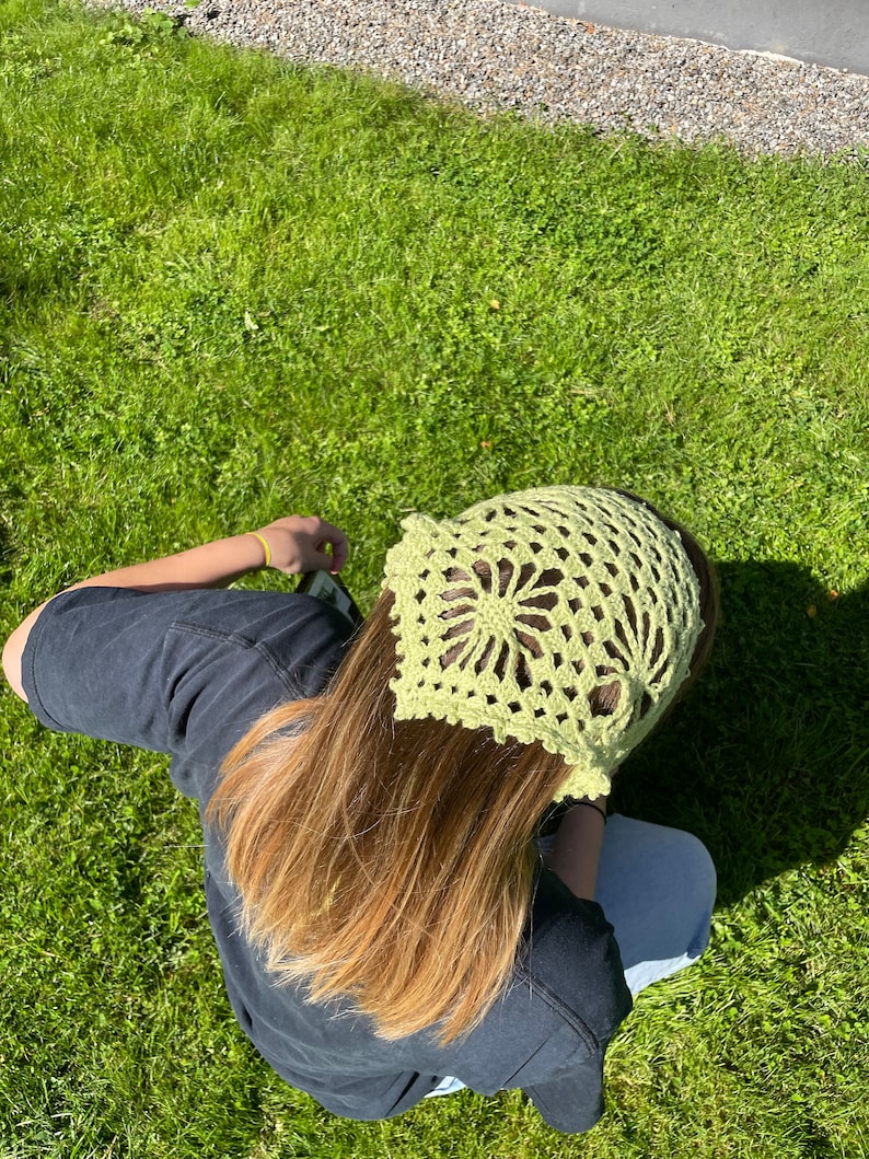 Wildrose Bandana crochet pattern/ Handkerchief pattern/ Headscarf/ Cottagecore crochet/ Easy beginner crochet project/ Romantic lace image 5