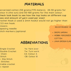 Puede incluir: Un gr&aacute;fico amarillo y blanco con el texto "MATERIALES" y "ABREVIATURAS" que enumera los materiales y las abreviaturas para tejer a crochet. Las marcas de hilo recomendadas son DROPS SAFRAN, HOBBII MERCERIZED COTTON y LANA GROSSA ELASTICO.