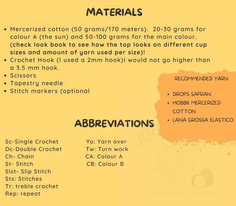 Puede incluir: Un gr&aacute;fico amarillo y blanco con el texto "MATERIALES" y "ABREVIATURAS" que enumera los materiales y las abreviaturas para tejer a crochet. Las marcas de hilo recomendadas son DROPS SAFRAN, HOBBII MERCERIZED COTTON y LANA GROSSA ELASTICO.