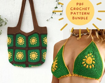 Sunlover pattern bundle/ Crochet bag pattern/ Crochet beach set pattern/ Crochet easy beginner/ Bikini top swimwear crochet/ Market bag/