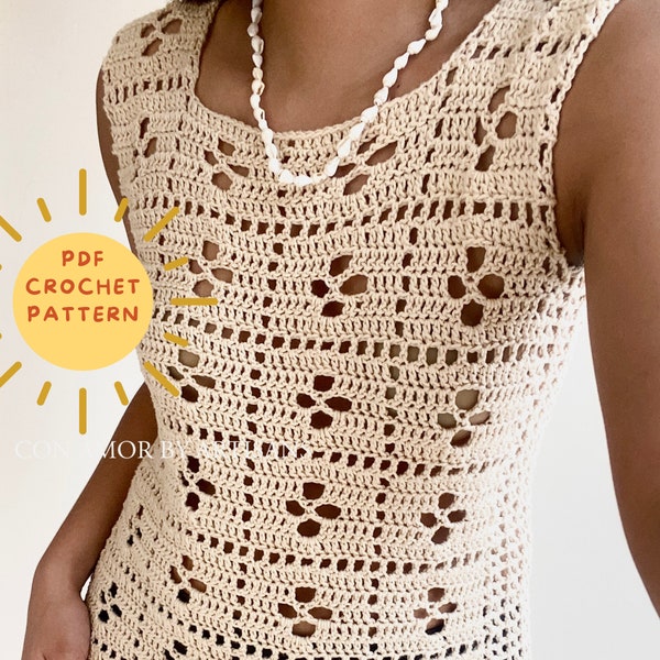 Patrón de vestido a crochet/ Patrón top de verano a crochet/ Tutorial paso a paso/ Sin costuras / Principiante fácil / Top a crochet/ Vestido de malla con encaje a crochet