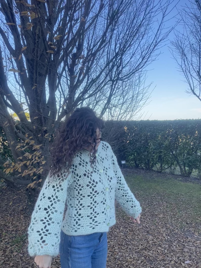 Pu&ograve; includere: Un cardigan di uncinetto verde chiaro con chiusura a bottoni e un motivo a pizzo. Il cardigan ha maniche lunghe e una vestibilit&agrave; rilassata.