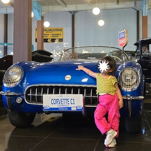 K&ouml;nnte beinhalten: Ein blauer Chevrolet Corvette C1 von 1954 mit einem Pure Michigan-Kennzeichen. Ein junges Kind steht neben dem Auto und lehnt sich an die Fahrert&uuml;r. Das Auto befindet sich in einem Museum mit einer wei&szlig;en Decke und Leuchten.