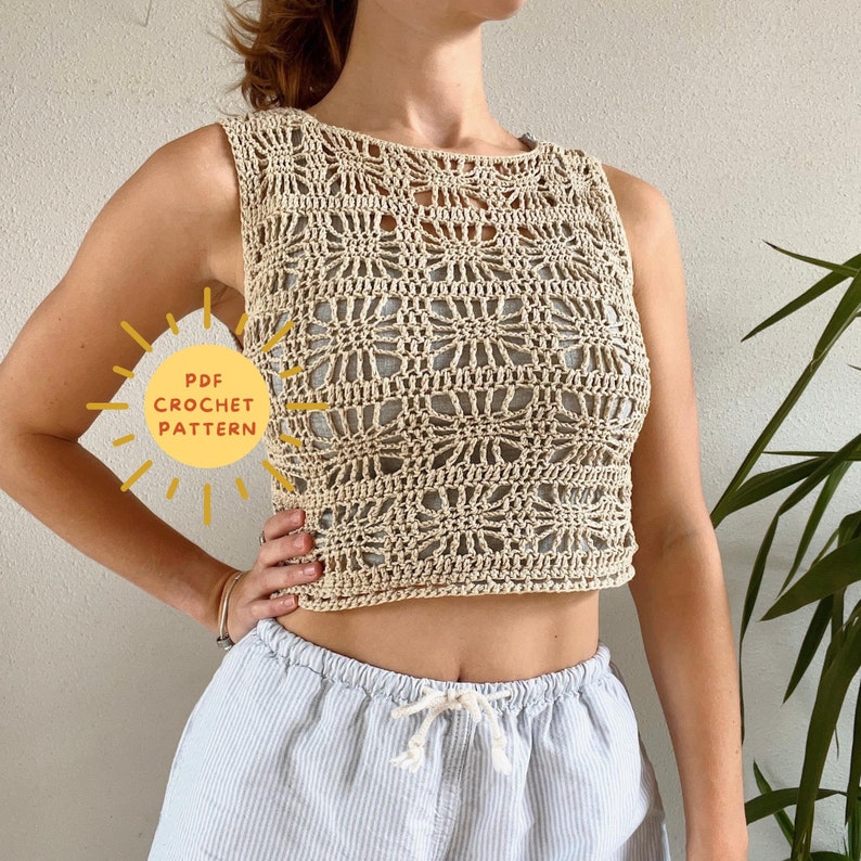 K&ouml;nnte beinhalten: Ein H&auml;kel-Oberteil-Muster in Beige mit einer Sonnengrafik und dem Text "PDF CROCHET PATTERN".