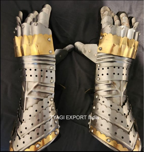 Medieval Steel Gauntlets with Brass Accents | Knight Armor Gloves
