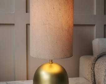 Modern Brass Table Lamp: Linen Shade, Dome Base, Scandinavian Decor