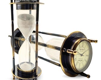 Vintage Brass Hourglass Clock: Steampunk Roman Numeral Timer
