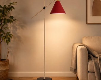Modern Floor Lamp | Adjustable Gold Standing Lamp with Red Fabric Shade | Elegant Tripod Style Lamp for Living Room Bedroom Office Decor