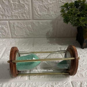 Vintage Sand Timer 6 inch Height with Wooden Base & Brass Pillars,Premium Wooden And Hourglass Timer for Home and Office Decorative Clock