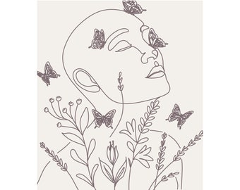 May include: Line art illustration of a face with butterflies around the eyes and flowers growing around the head. The text "BLOOM wherever you are planted" is below the image.