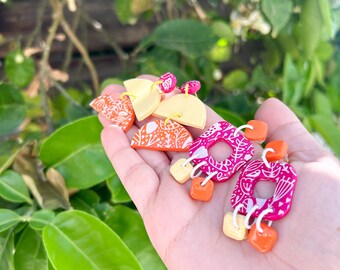 summer earrings,Statement Earrings, Spring Summer Earrings, Polymer Clay Earrings, Botanical Earrings, Dangle,Elegant, Orange and pink