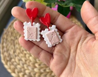 Handmade Heart Earrings, Polymer Clay Stamp Earrings, valentine earrings, heart shape jewelry
