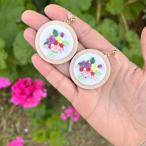 Handmade Floral Embroidery Hoop Earrings: Polymer Clay Jewelry