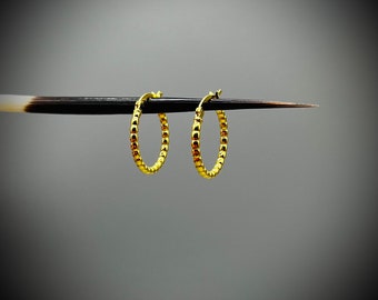 Gold Vermeil Ear Hoops, Gold Plated Hinged Ear Hoops, 20mm Gold Ear Hoops, Beaded Gold Ear hoops