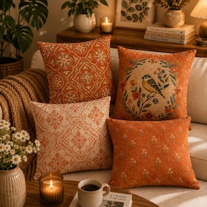 May include: Four square throw pillows in shades of burnt orange and cream. One pillow features a bird perched on a branch within a floral wreath, another has a geometric damask pattern, and two others display small floral motifs on orange fabric.