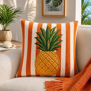 Pineapple Throw Pillow Cover, Tropical Embroidery Look Cushion Case, Striped Print, Coastal Home Decor
