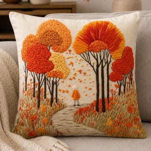 May include: A square throw cushion featuring an embroidered autumn forest scene on a cream background. The design includes textured orange and yellow trees, a winding path, and a small figure in an orange coat standing amidst falling leaves.