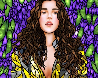 Retrato personalizado estilo vitral / Dibujo digital vintage a color (PDF, JPG)