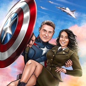 Disegno Capitano / Illustrazione Capitano Personalizzato / Coppia Disegno Personalizzato / Illustrazione Marvel / Ritratto Coppia / Opere D'Arte Stile Marvel /