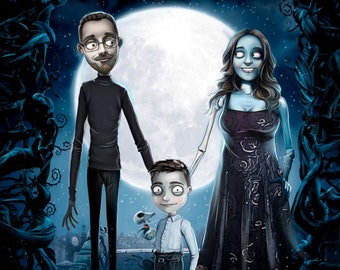 Anpassat porträtt i Tim Burton-stil | Romantiskt par-jubileumskonst (digitalt)