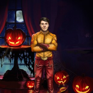 Ilustracja Halloween Jack O Lantern | Spersonalizowany rysunek chłopaka mężczyzny || Spersonalizowany prezent ze zdjęcia Przyjaciela