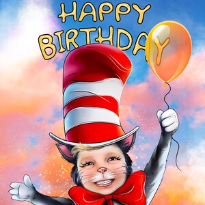 Kinder alles Gute zum Geburtstag Illustration | Kinder Portrait | Benutzerdefinierte Jungen und Mädchen personalisierte Zeichnung | Geburtstagsgeschenk, Katze mit Hut