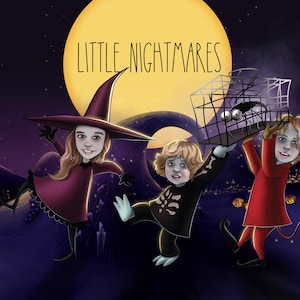 Ilustración de pesadilla de Halloween para niños / Retrato infantil al estilo de Tim Burton / Dibujo personalizado de niños y niñas jugando / Pesadillas
