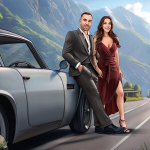 Peut inclure: Illustration d'un couple posant près d'une voiture argentée classique sur une route de montagne. L'homme porte un costume gris foncé et la femme une robe bordeaux. L'arrière-plan présente des montagnes et une route sinueuse.