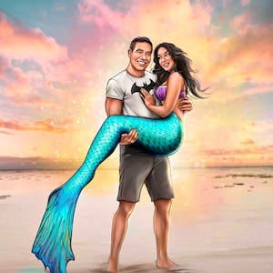 Mermaid Illustration | Family Custom Portrait Romantic Personalized Drawing | Anniversary Couple Artwork | Disney style gift from the photo