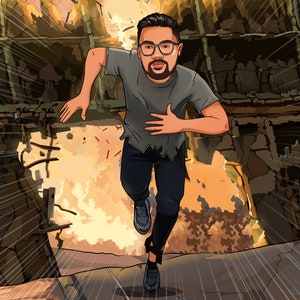 アクションシーンのイラスト パーソナライズされた漫画 | 動きのあるスーパーヒーローのカスタム描画 | アクション映画の肖像画、男性へのギフト | コミックスタイル