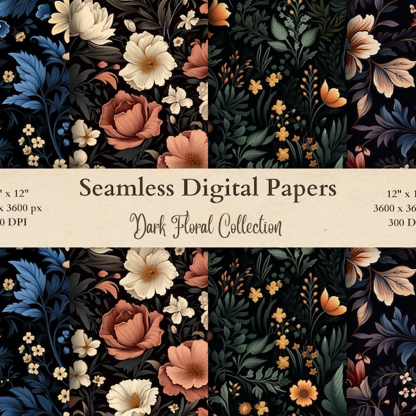 Dark Floral Seamless Pattern, Digital Paper, Dark Floral Wallpaper, Flower Wallpaper, Floral Background, Botanical Wallpaper, Junk Journal